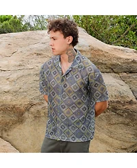 Campus Sutra Men's Lapis Blue & Yellow Ochre Geometric Block Oversized Shirt