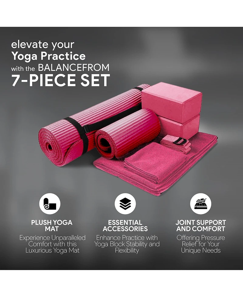 BalanceFrom Fitness 7 Piece Yoga Set with Mat, Stretch Strap & Knee Pad, Pink