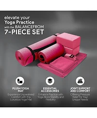 BalanceFrom Fitness 7 Piece Yoga Set with Mat, Stretch Strap & Knee Pad, Pink