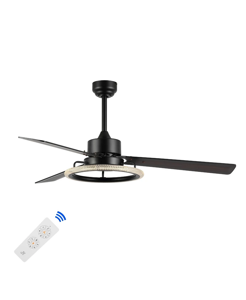 Jonathan Y Remy 52" 1-Light Modern Industrial Iron/Acrylic/Wood Remote-Controlled 6-Speed Integrated Led Ceiling Fan, Black/Dark Brown Wood