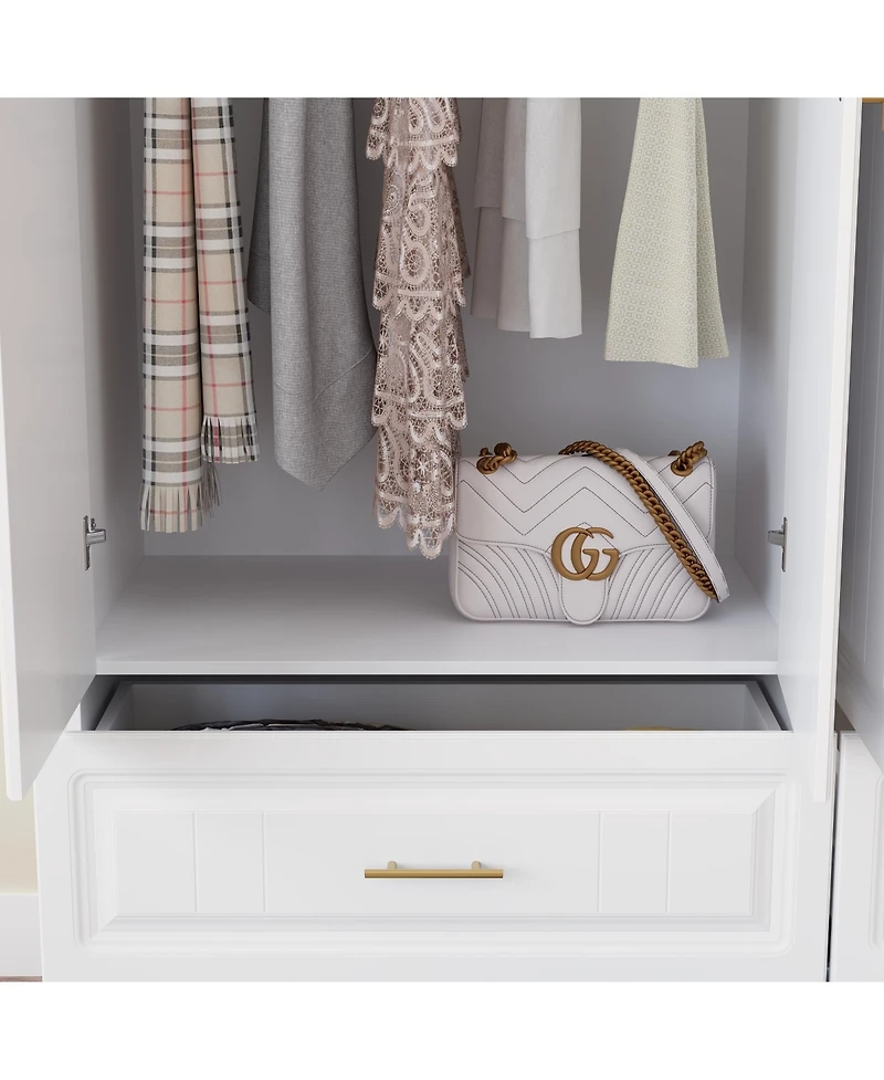 Famapy White Wooden 4-Door Super Large Bedroom Armoire Wardrobe with Hanging Bars