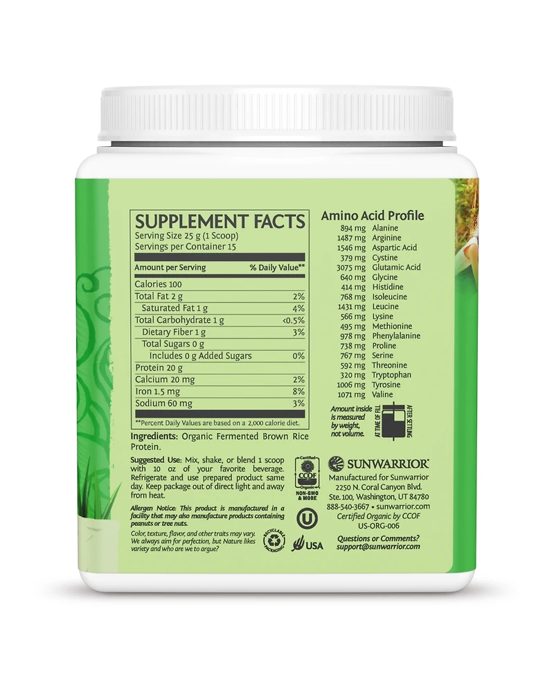 Sunwarrior Classic Organic Protein Powder, Plant-Based Protein, Unflavored, Sunwarrior, 375gm (15 servings)
