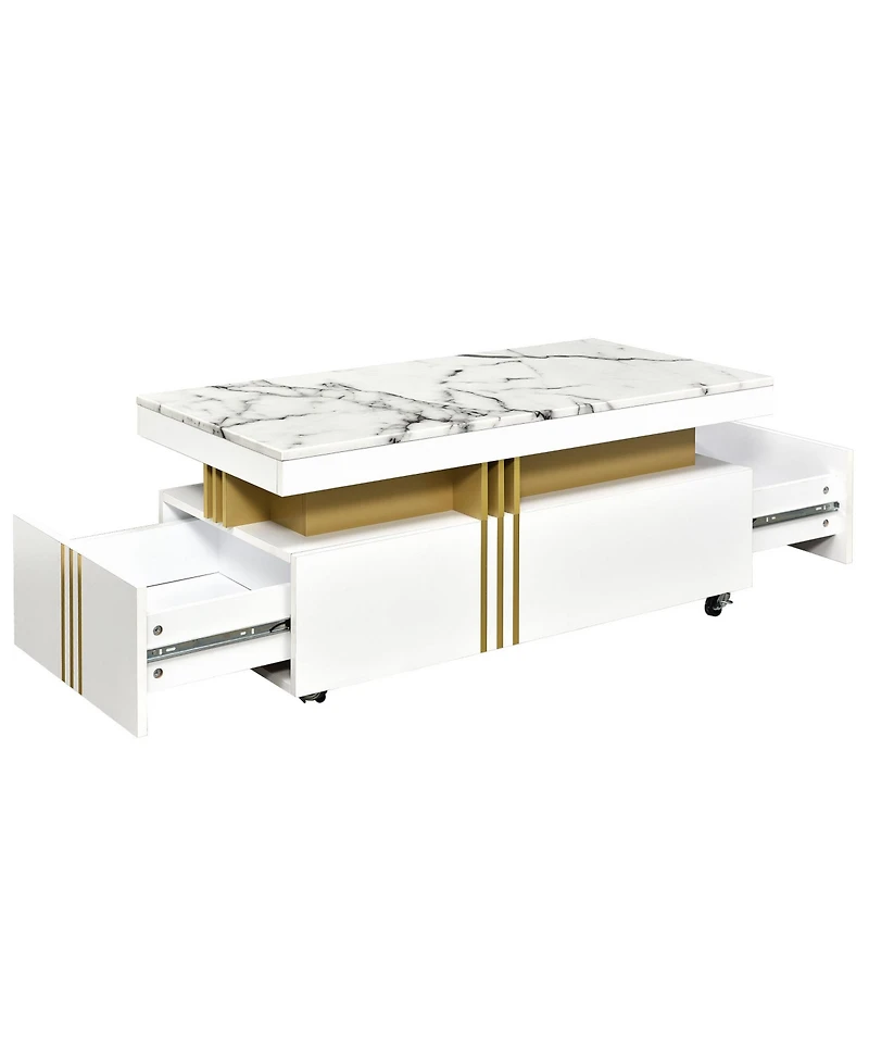 Slickblue Contemporary Coffee Table with Faux Marble Top – Rectangle Cocktail Table on Caster Wheels with Gold Metal Bars for Living Room