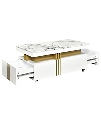 Slickblue Contemporary Coffee Table with Faux Marble Top – Rectangle Cocktail Table on Caster Wheels with Gold Metal Bars for Living Room