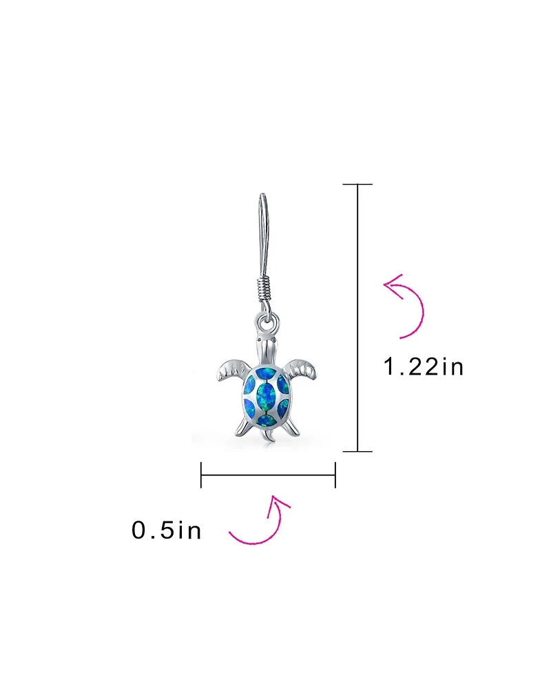 Bling Jewelry Nautical Aquatic Tropical Beach Vacation Iridescent Blue Created Opal Inlay Sea Tortoise Turtle Dangle Drop Earrings .925 Sterling Silve