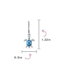 Bling Jewelry Nautical Aquatic Tropical Beach Vacation Iridescent Blue Created Opal Inlay Sea Tortoise Turtle Dangle Drop Earrings .925 Sterling Silve