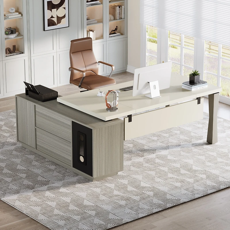 Tribesigns 71-Inch Executive Desk, L-Shaped Desk with Cabinet, Large Office Storage Shelves, Writing Table Business Furniture Set