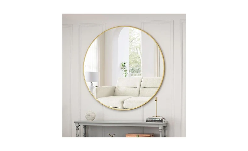Slickblue 39-Inch Gold Circular Wall Mirror – Metal Framed Round Vanity Mirror for Bathroom, Living Room, or Bedroom Decor