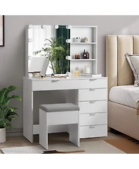Slickblue White Dressing Table Set with 6 Pumps, 2 Shelves, Mirror Cabinet & 3-Tone Light Bulbs