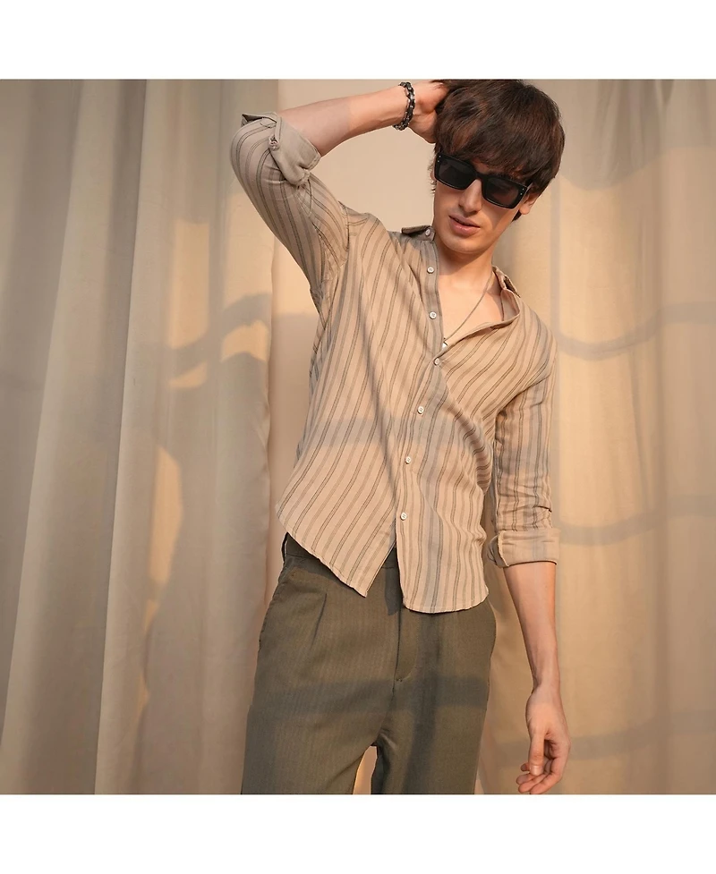 Men's Khaki Brown Halo-Striped Shirt