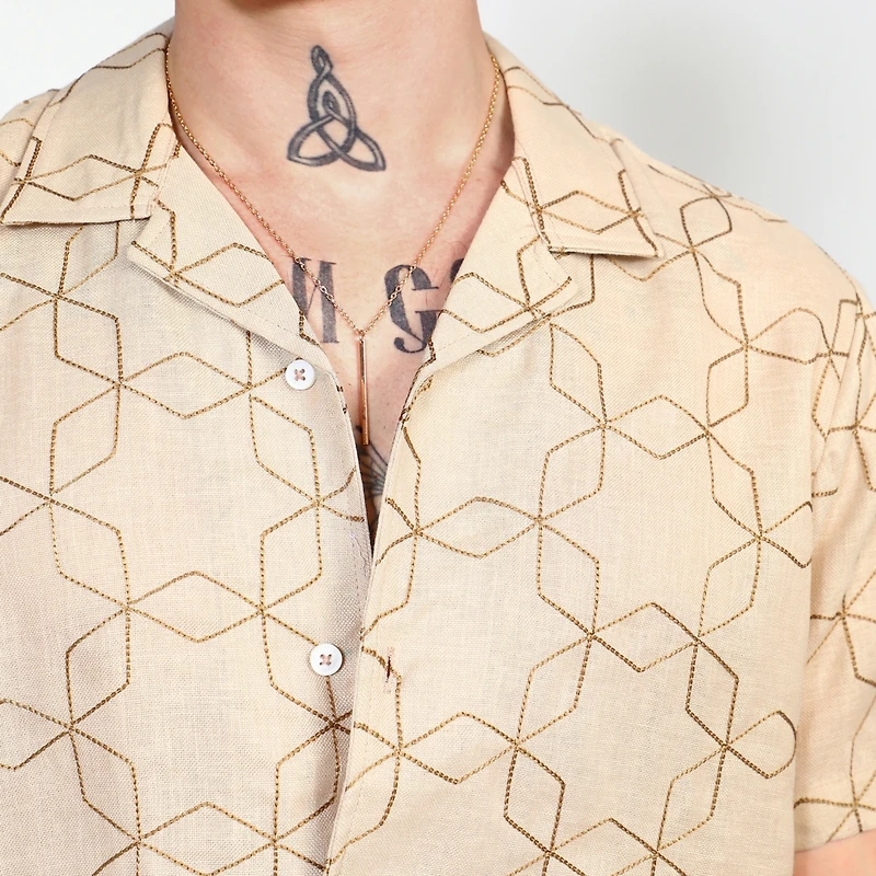 Campus Sutra Men's Beige Embroidered Geometric-Lined Shirt