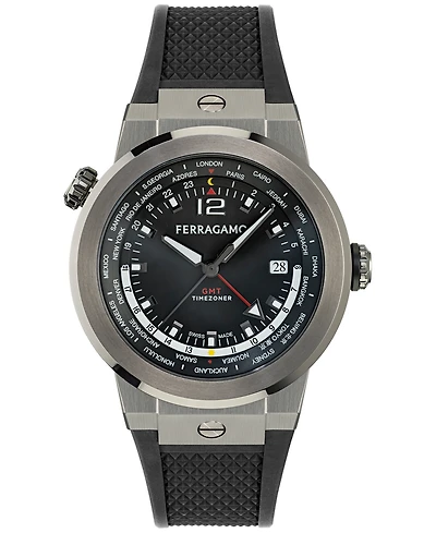 Ferragamo Men's Swiss F-80 Gmt Worldtime Blue Silicone Watch 43mm