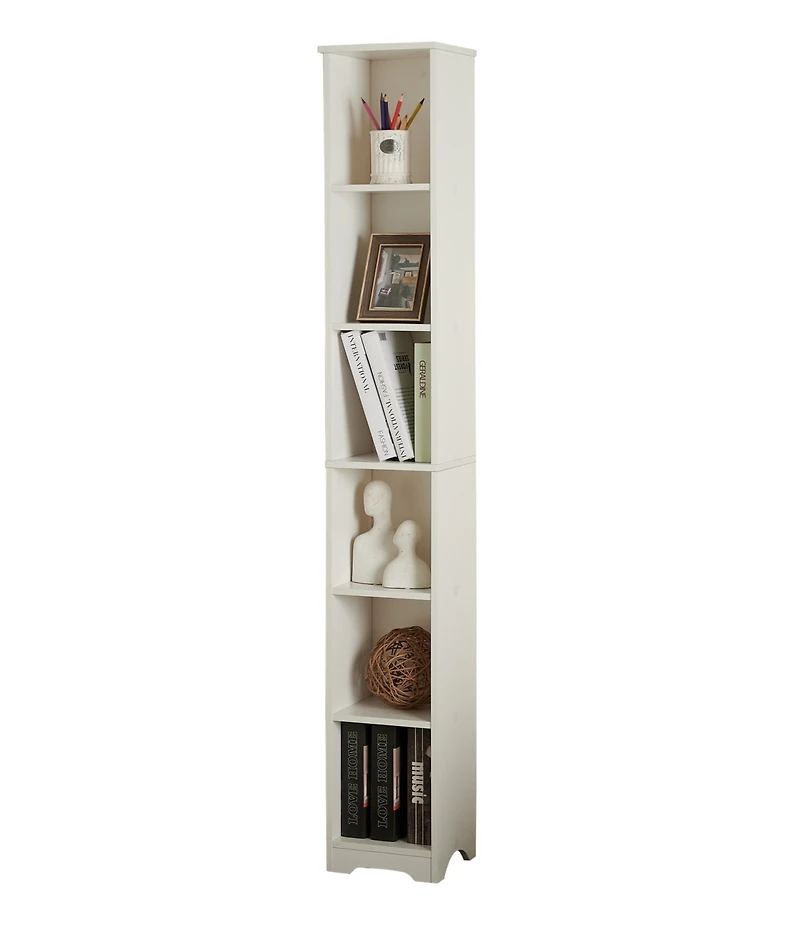 Kings Brand Furniture - Mora 6 -Tier Tall Narrow Storage Shelves Media Bookcase, Slim Freestanding Bookshelf, White