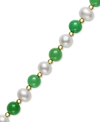 Dyed Green Jade & Freshwater Pearl (7-1/2 - 8-1/2mm) Beaded Bracelet in 10k Gold
