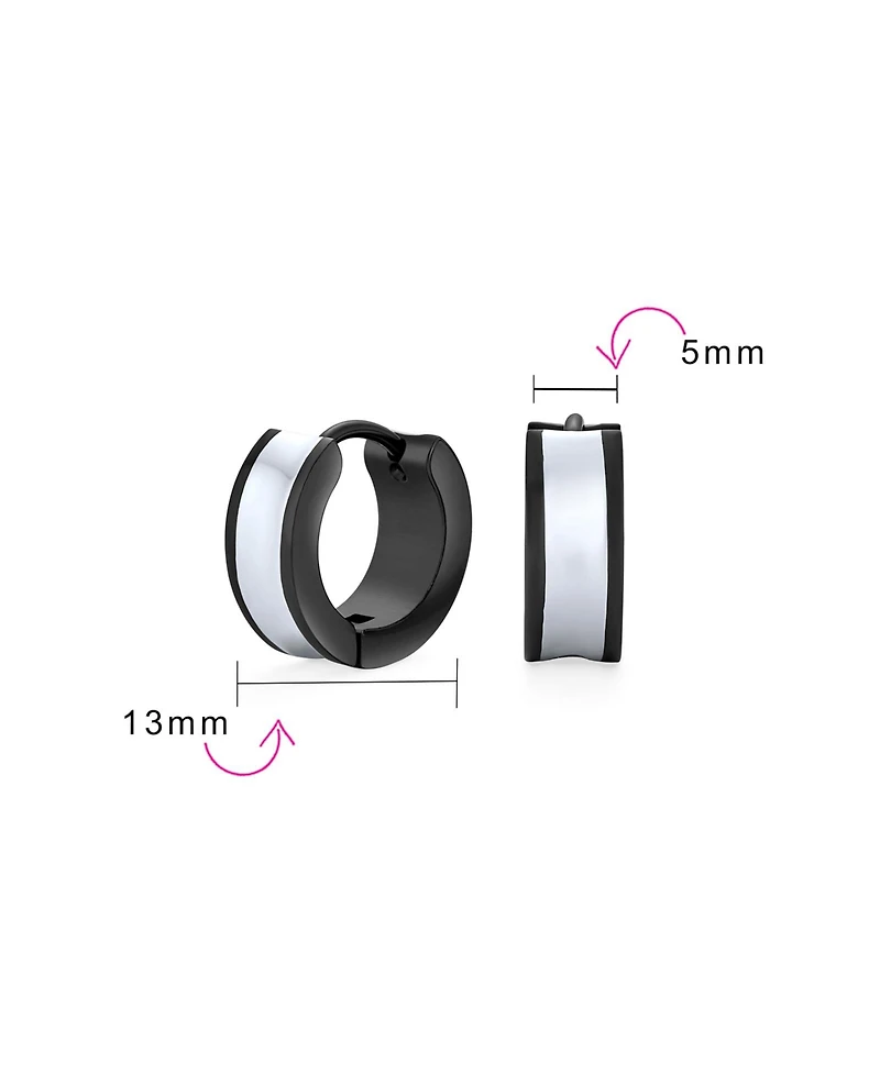 Bling Jewelry Earrings Two Tone Striped Black Enamel Huggie Hoop Silver Tone Stainless Steel