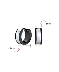 Bling Jewelry Earrings Two Tone Striped Black Enamel Huggie Hoop Silver Tone Stainless Steel