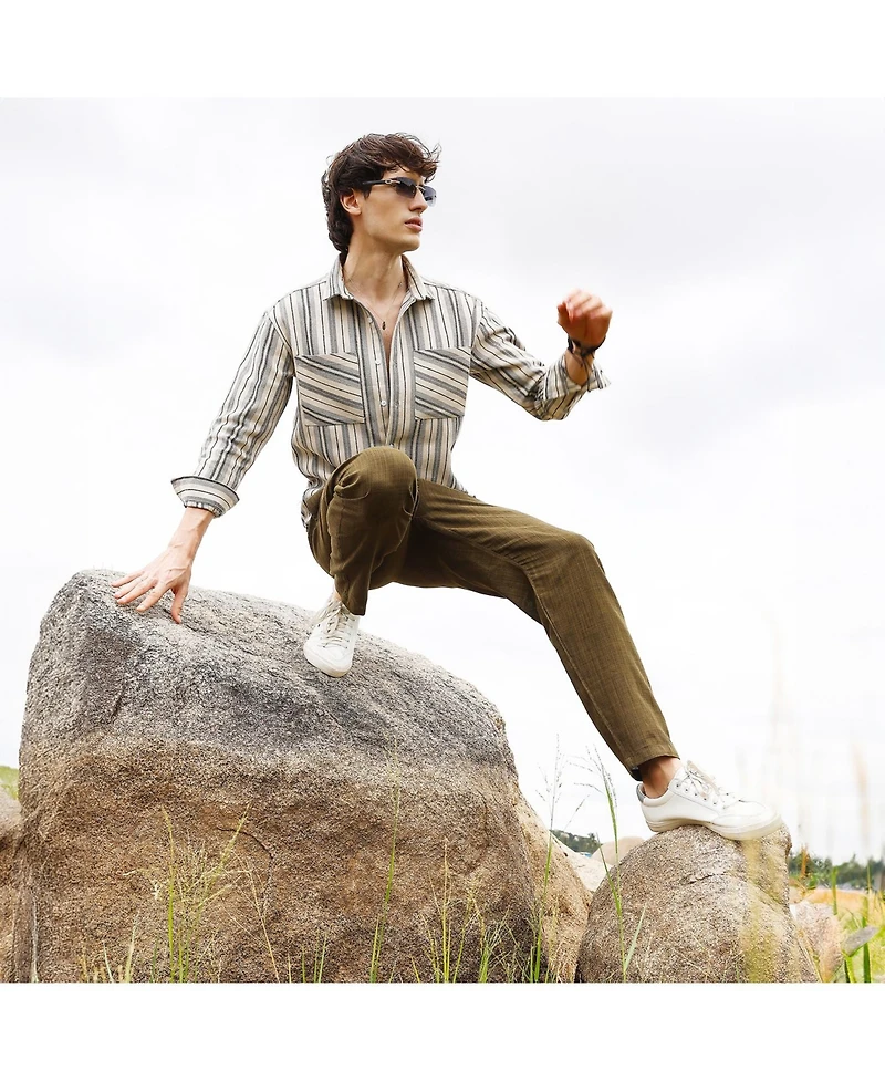 Campus Sutra Men's Bone Beige & Cloud Grey Multitrack Striped Oversized Shirt