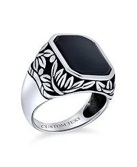 Bling Jewelry Leaf Vine Accent Black Onyx Octagon Rectangle Signet Ring Heavy Oxidized .925 Sterling Silver