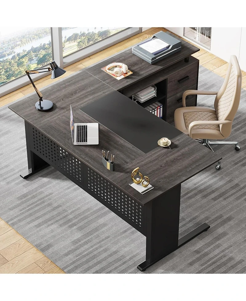 Tribesigns 63 Inch Executive Desk with File Cabinet, Large Office L Shaped Computer Drawers and Storage Shelves