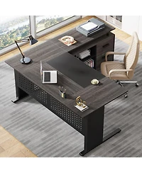 Tribesigns 63 Inch Executive Desk with File Cabinet, Large Office L Shaped Computer Drawers and Storage Shelves