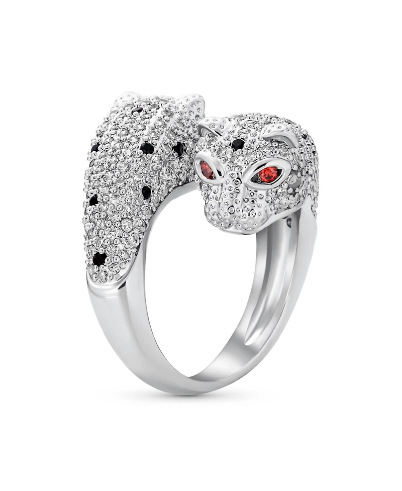 Bling Jewelry Red Eye Black White Cubic Zirconia Cz Fashion Leopard Panther Cat Statement Bypass Ring Rhodium Plated Brass