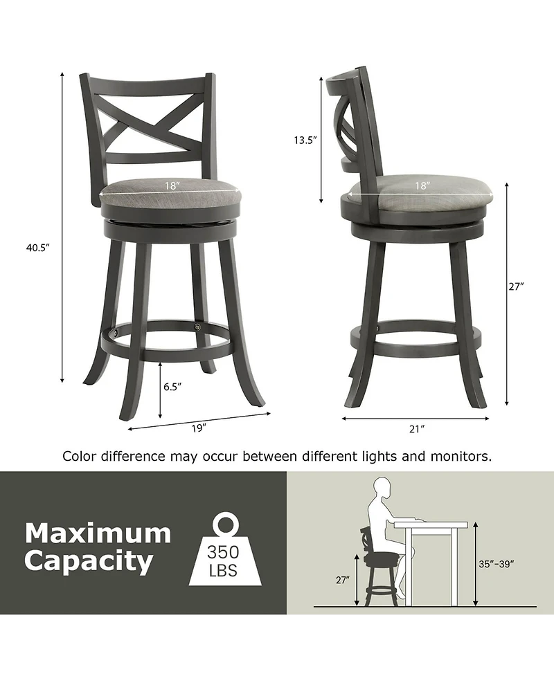 Swivel Bar Stools Set of 2 Counter Height Chairs with Hollow Back Soft-padded Seat