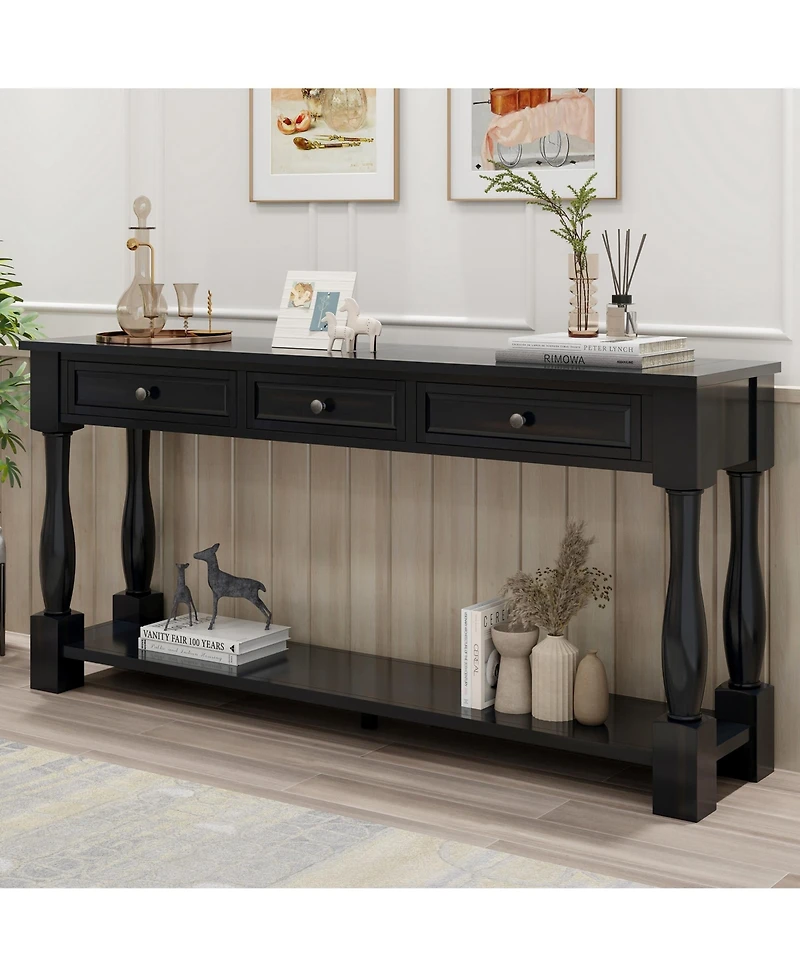 63-Inch Entryway Console Table – Long Sofa with Storage Drawers and Open Bottom Shelf