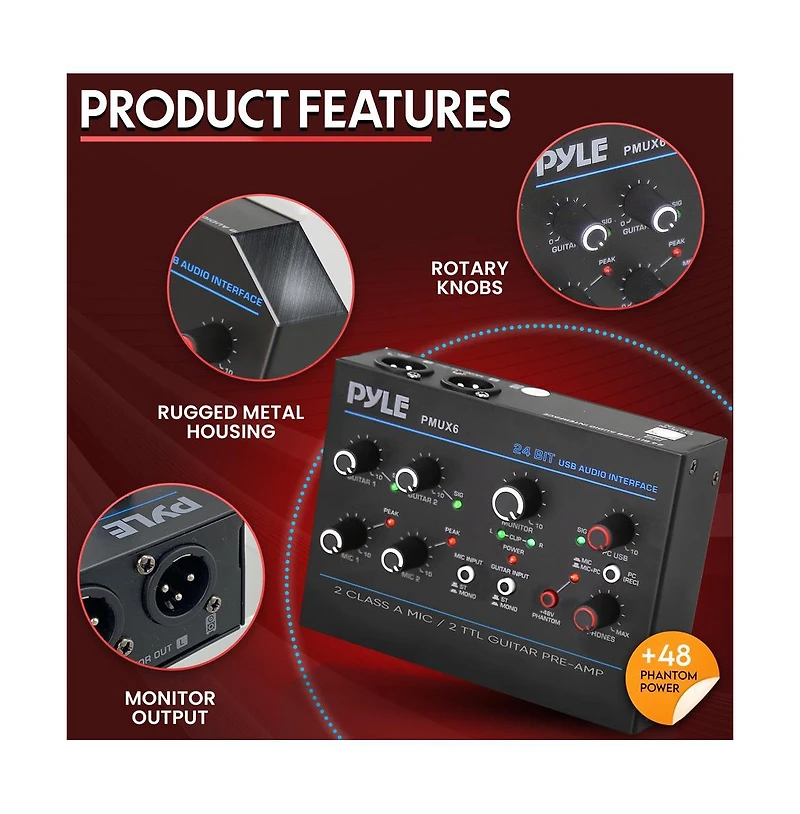 Pyle Professional Usb Audio Interface with Mic/Line, Guitar, Aux, and Rca Inputs