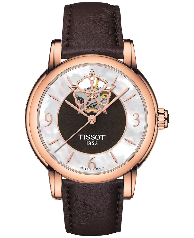 Tissot Swiss Automatic Lady Heart Powermatic 80 Diamond Accents Brown Leather Strap Watch 35mm