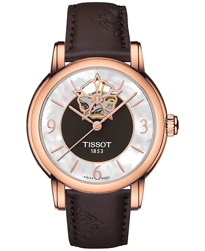 Tissot Swiss Automatic Lady Heart Powermatic 80 Diamond Accents Brown Leather Strap Watch 35mm