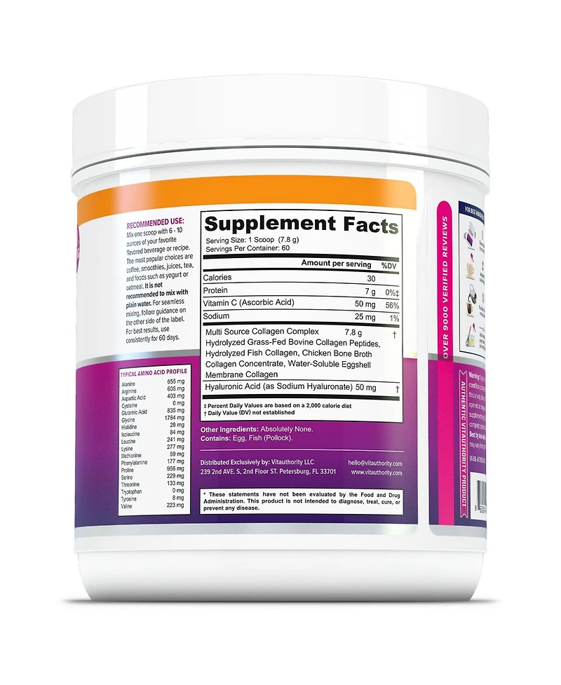 Vitauthority Multi Collagen Protein Plus, Unflavored, Vitauthority, Bonus Size 60 servings