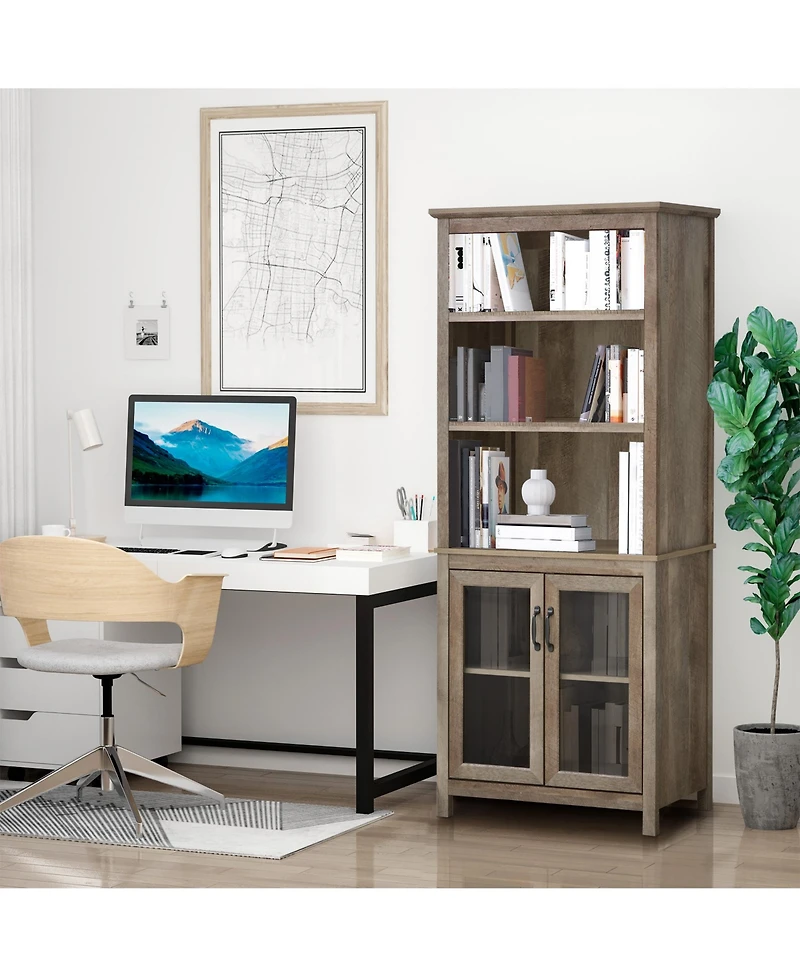 Homcom 71" Freesding Bookshelf Storage Cabinet Hutch w/ Glass Doors, Natural