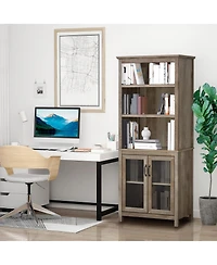 Homcom 71" Freesding Bookshelf Storage Cabinet Hutch w/ Glass Doors, Natural