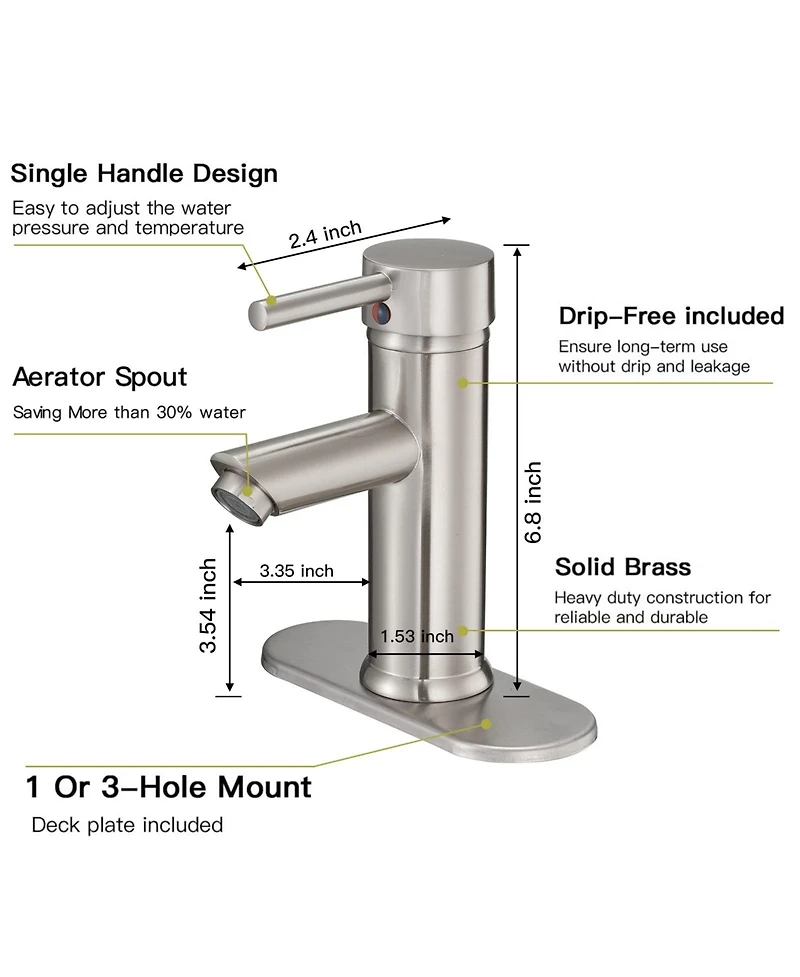 Greenspring Brushed Nickel Bathroom Faucet Single Hole Single Handle Water Saving Lavatory Vanity Sink Modern Faucet with Cover Plate Commercial Mixer