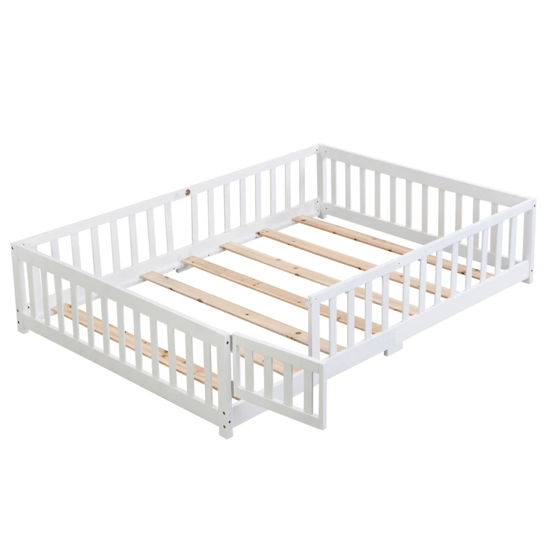 Solid Wood Floor Bed with Door & Fence - White
