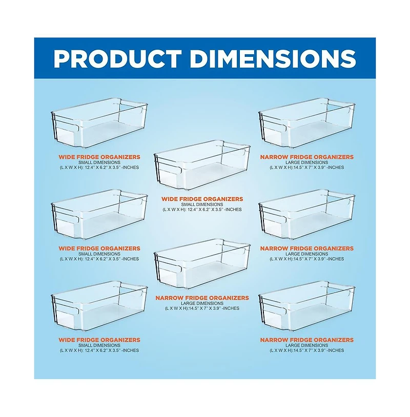 NutriChef Set Of 8 Refrigerator Organizer Bins - 4 Wide and 4 Narrow Stackable Fridge Organizers for Freezer, Kitchen, Countertops, Cabinets
