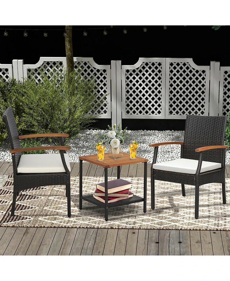 4PCS Patio Pe Wicker Chairs Acacia Wood Armrests with Soft Zippered Cushion Balcony