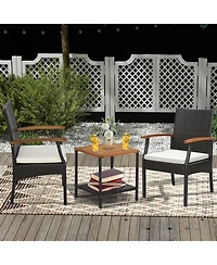 4PCS Patio Pe Wicker Chairs Acacia Wood Armrests with Soft Zippered Cushion Balcony