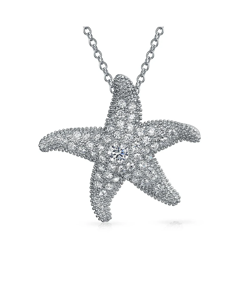Bling Jewelry Pave Cz Dancing Marine Life Nautical Beach Vacation Starfish Necklace Pendant .925 Sterling Silver Large