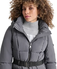 Dkny Womens Maxi Belted Hooded Puffer Coat