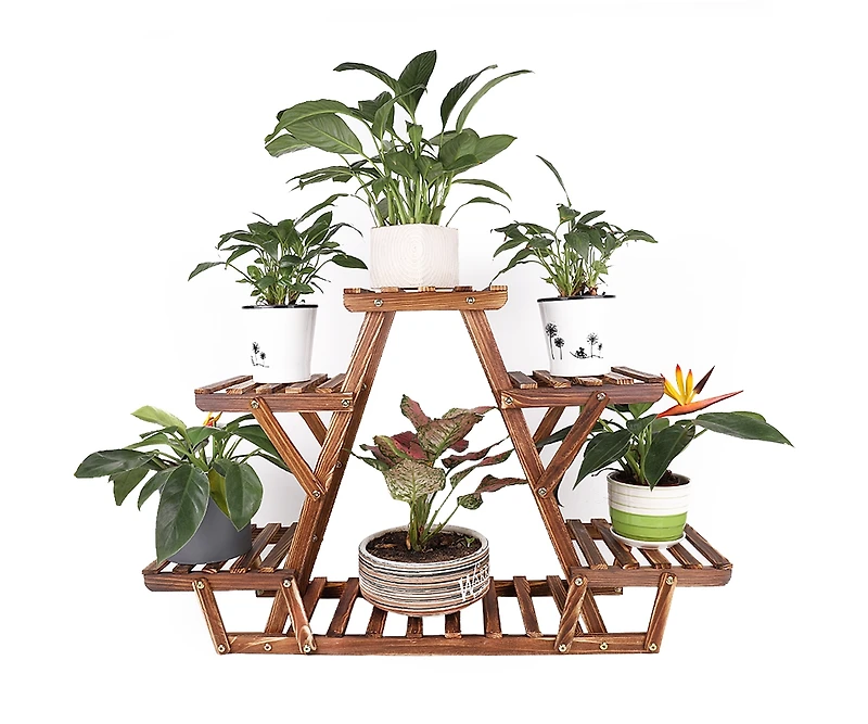 Unho Wooden Plant Stand 6 Tier Bonsai Display Shelf Carbonized Wood for Porch Outdoor