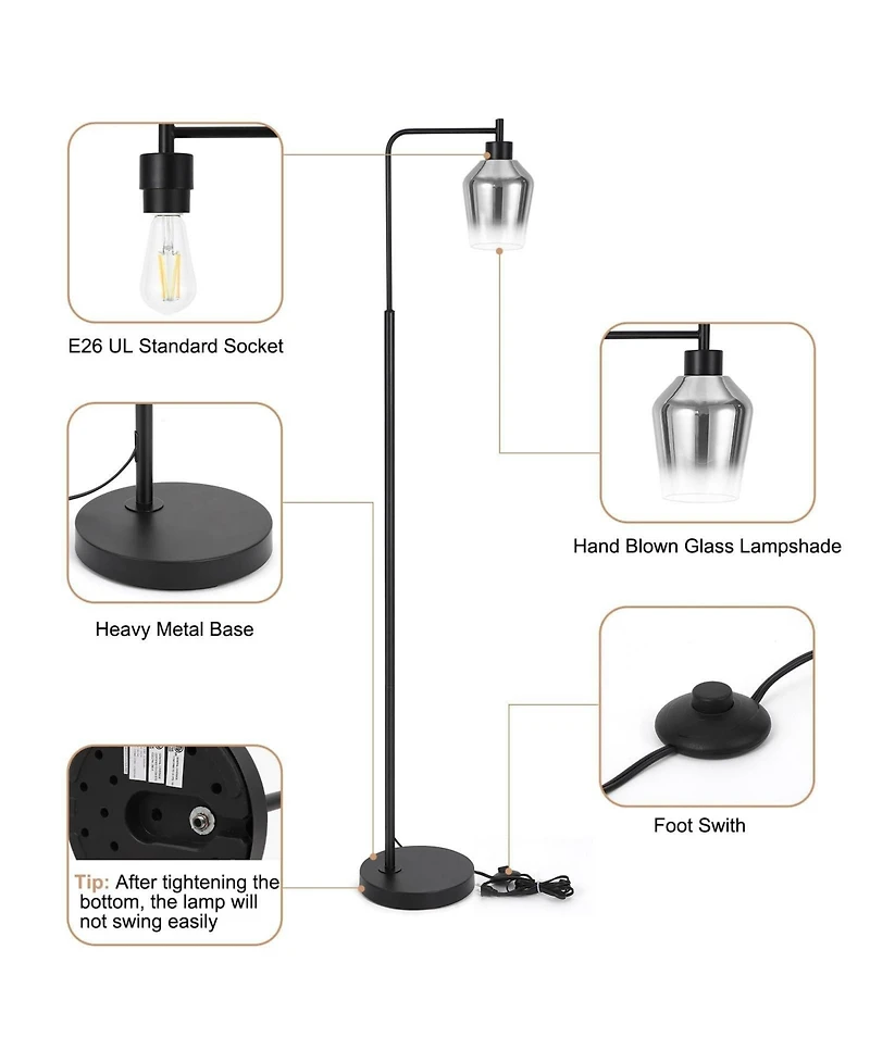 gaomon Modern 64-Inch Industrial Floor Lamp with Gradient Black Glass Shades, 8W Dimmable Led Edison Bulb, Foot Pedal & Remote Control, Warm White 300