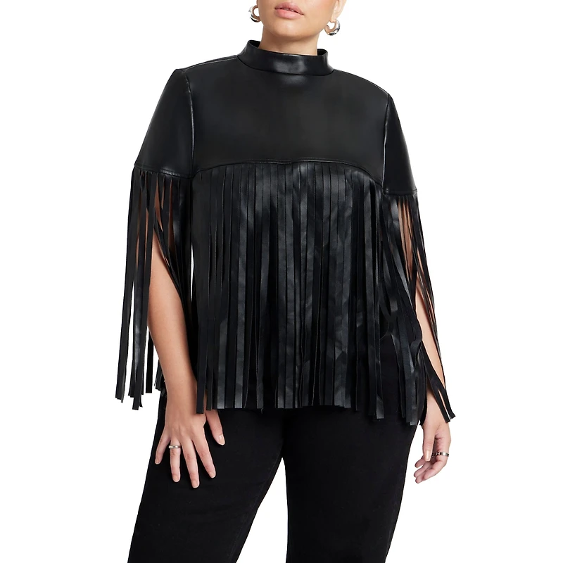 Eloquii Women's Faux Leather Fringe Cape