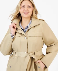London Fog Plus Size Zip-Front Hooded Belted Trench Coat