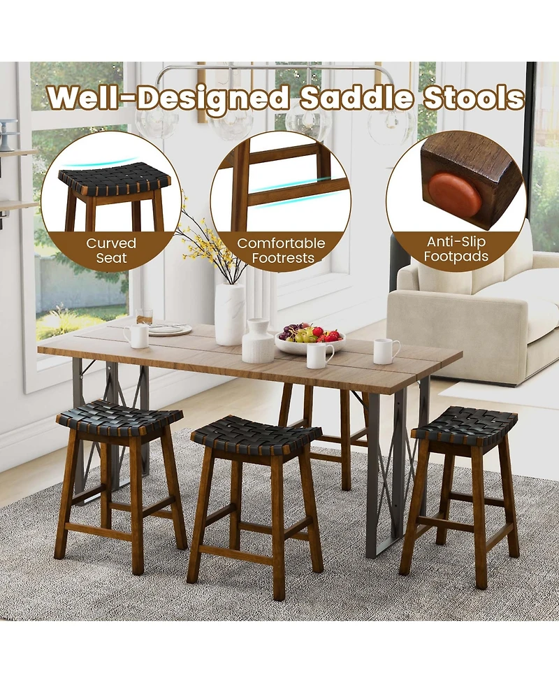 Woven Saddle Stools Set of 2 25.5'' Faux Pu Leather Counter Height Kitchen Stool