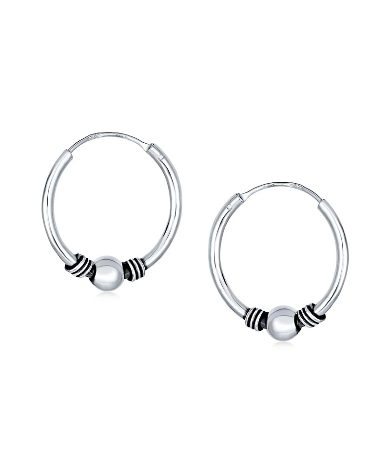 Bling Jewelry Balinese Tribal Ball Bead Continuous Circle Bohemian Boho Tribal Endless Bali Hoop Earrings .925 Sterling Silver