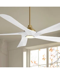 Possini Euro Design 60" Eloquent Indoor Outdoor Ceiling Fan 5 Blade Led Light Remote Control Brass Finish White Blades Damp Rated