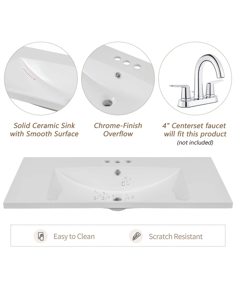 36" Single Bathroom Vanity Top with White Basin, 3-Faucet Holes, Ceramic, White