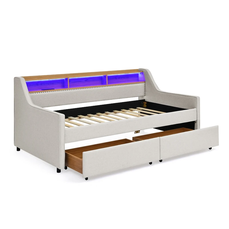 Streamdale Furniture Twin Size Upholstery Sofa Bed with Three Led lights, with Storage Adjustable Headboard, with Two Storage Pull Up drawers and Wire