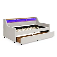 Streamdale Furniture Twin Size Upholstery Sofa Bed with Three Led lights, with Storage Adjustable Headboard, with Two Storage Pull Up drawers and Wire